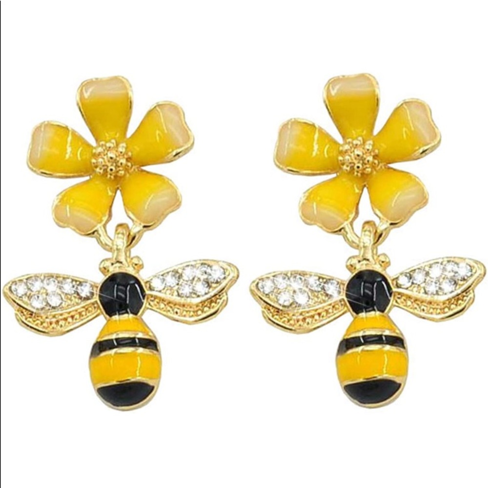 Whimsical Delight SS HoneyBee🐝Flower Drop Earrings Gold+Pavé Crystal Ear… - Picture 2 of 13